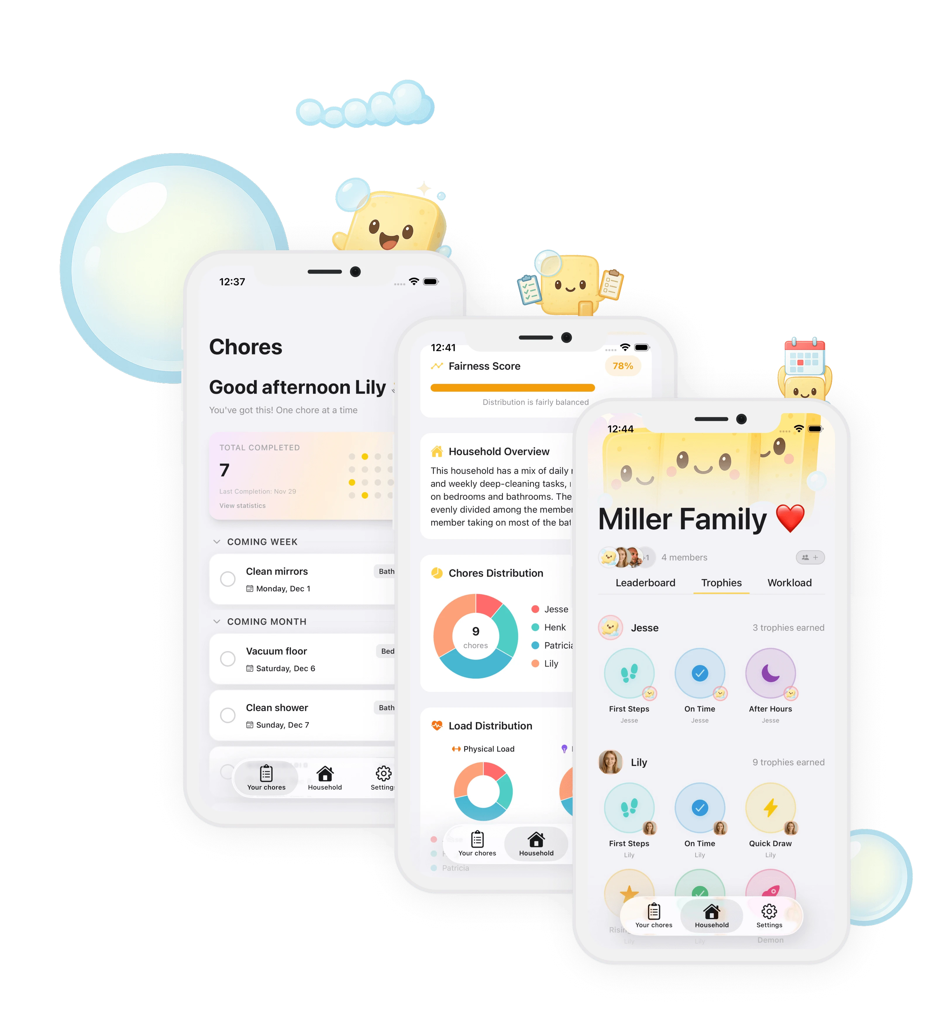 Spongi app on iPhone showing the household task dashboard